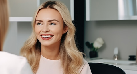 a blonde smiling woman talking with a beautician at a consultation