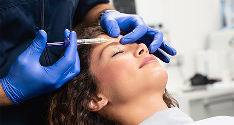 a woman receiving an anti-wrinkle injection to her brow form a technician wearing blue gloves